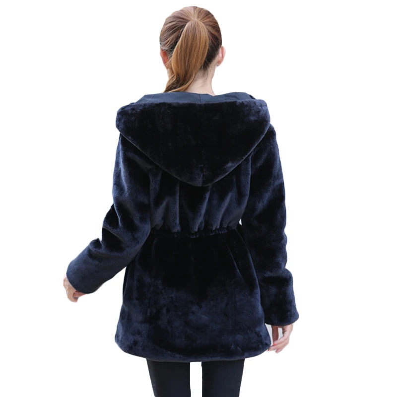 QAZXSW 2018 Women Faux Fur Coat Casual Slim Winter Long Mink Jacket With Hood Black Solid Coats Thick Warm Outwear YDX635 | Женская