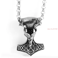 gothic large heavy huge biker stainless steel men biker sheep head thors hammer necklace pendant 6mm 24 rolo chain