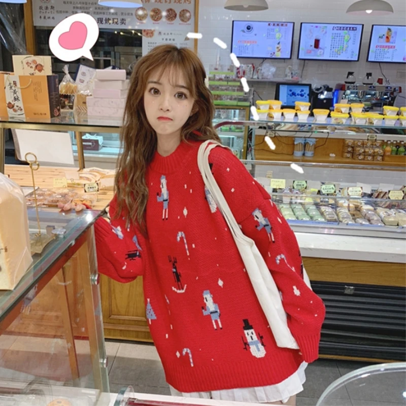 Tree&ampSea Sweet women Christmas sweater Women oversize winter red santa Knitted Sweater snowman Long Sleeve sweet Jumper Top | Женская