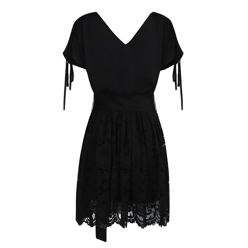 

Max Spri 2019 New Fashion V Neck Short Sleeves Lace up Detailing Bow Tie Lace Skater Women Casual A-Line Little Black Dress