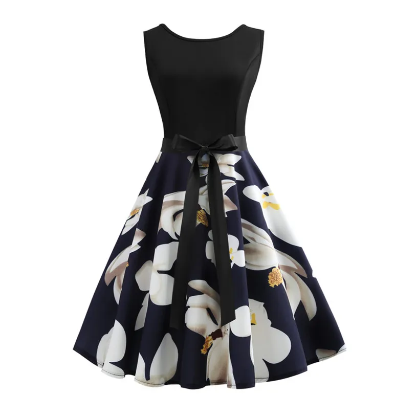 Женское винтажное платье без рукавов с круглым вырезом и цветочным принтом