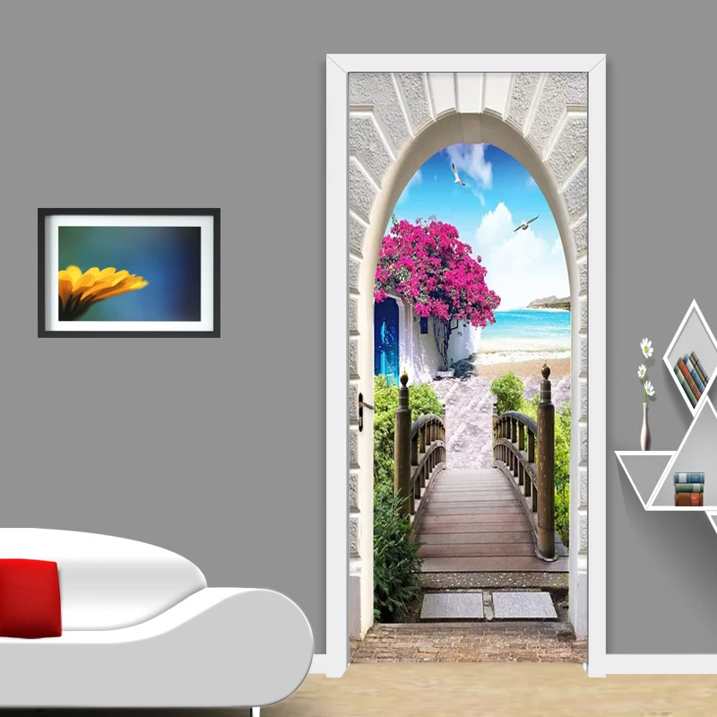 

PVC Self Adhesive Waterproof Door Sticker European Style Sea Landscape Photo Murals Wallpaper Living Room Bedroom Creative Decor
