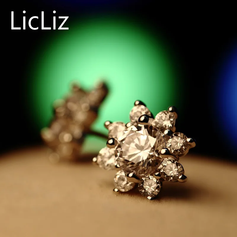 Женские серьги гвоздики с цветком LicLiz из стерлингового серебра 925 пробы фианитом