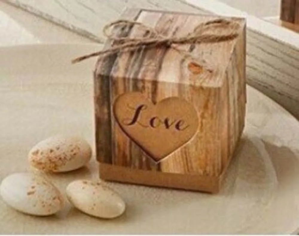 

500 Sets Wedding Bonbonniere Hearts in Love Rustic Kraft Bark Candy Boxes with Burlap Chic Vintage Twine Wedding Favor Gift Box