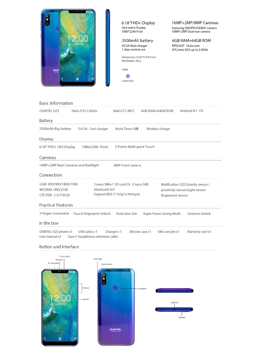 Oukitel U23, 6G, 64G, Восьмиядерный, 6,18 дюймов, FHD+ Дисплей для мобильного телефона, Android 8,1, 16 Мп+ 2 Мп, беспроводной Смартфон с функцией распознавания лица