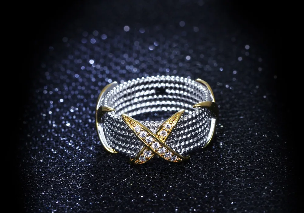 Мода 2 тон пластина кольцо крест дизайн с Потрясающие яркие CZ Кристалл bague femme Анель Модные кольца для женщин