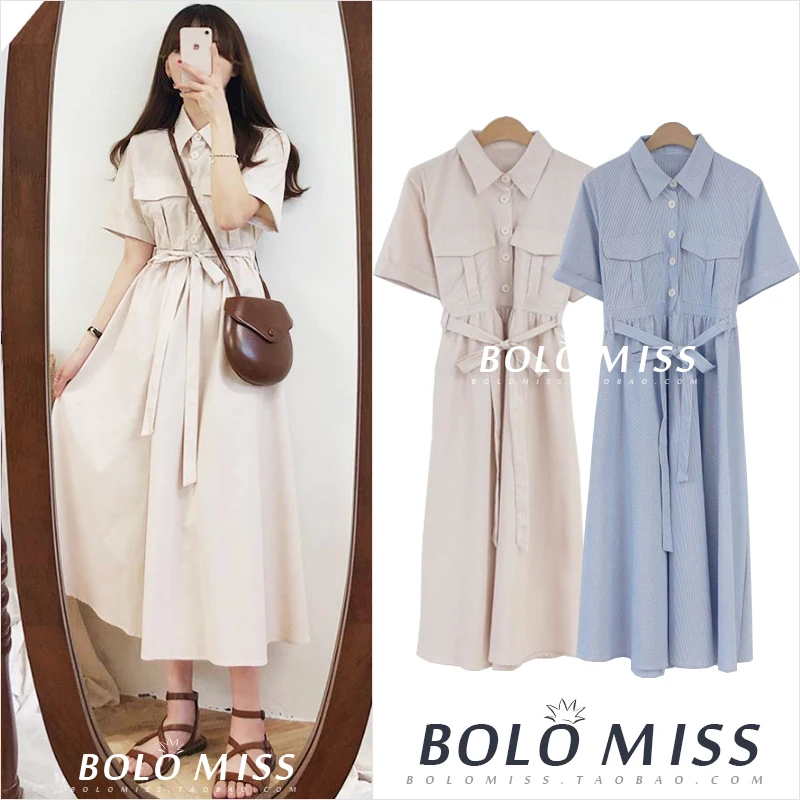 

2021 summer new preppy style plaid dress women high waist turn down collar belted short sleeve shirt dress a-line