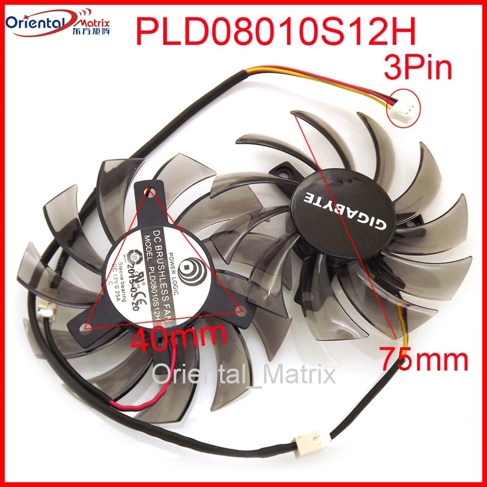 Бесплатная доставка 2 шт./лот PLD08010S12H 3Pin 75 мм DC12V 0.25A 40*40*40 для видеокарты GIGABYTE кулер