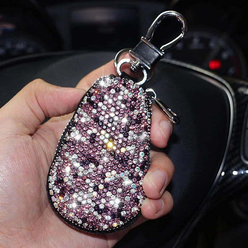 Purple С кристалалми и стразами чехол для ключей для автомобиля ключ крышка Держатель подлинные кожаные бумажники, ключи сумка модные женские туфли со стразами ключница Универсальный - Название цвета: Purple