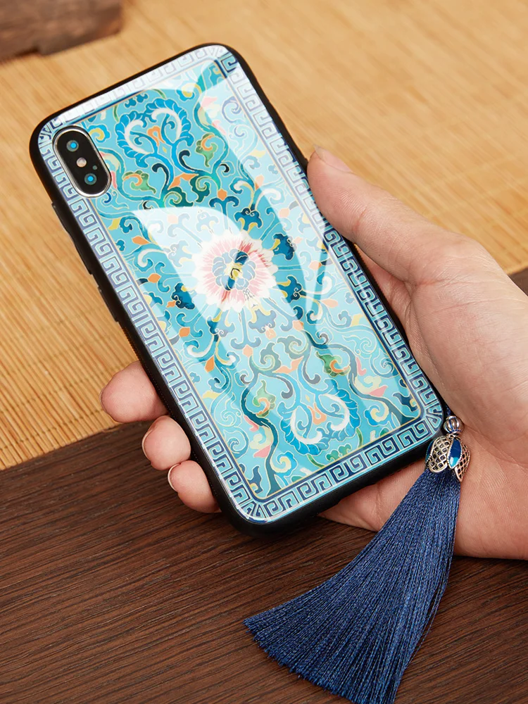 For iPhone XS MAX Yanxi style case X 8 7 6s plus glass back cover soft silicone edge shell for XR Traditional Chinese |