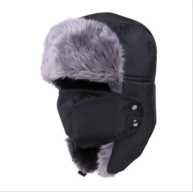 Черный Зимняя шапка-бомбер, головные уборы для мужчин и женщин, уличная утолщенная хлопковая Меховая зимняя шапка с ушками, сохраняющая тепло, зимние шапки, русская Лыжная Шапка-бомбер - Цвет: Черный
