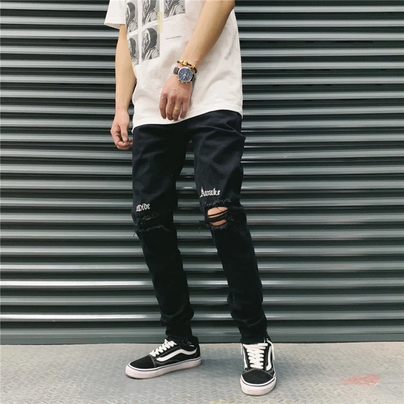 Мужские рваные джинсы с вышивкой черные облегающие байкерские в стиле хип-хоп 2019