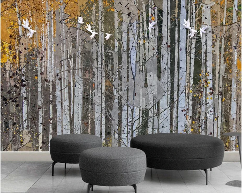 

Papel de pared Nordic Abstract Woods Birch Forest painting 3d wallpaper,living room sofa TV wall kids' room kitchen custom mural