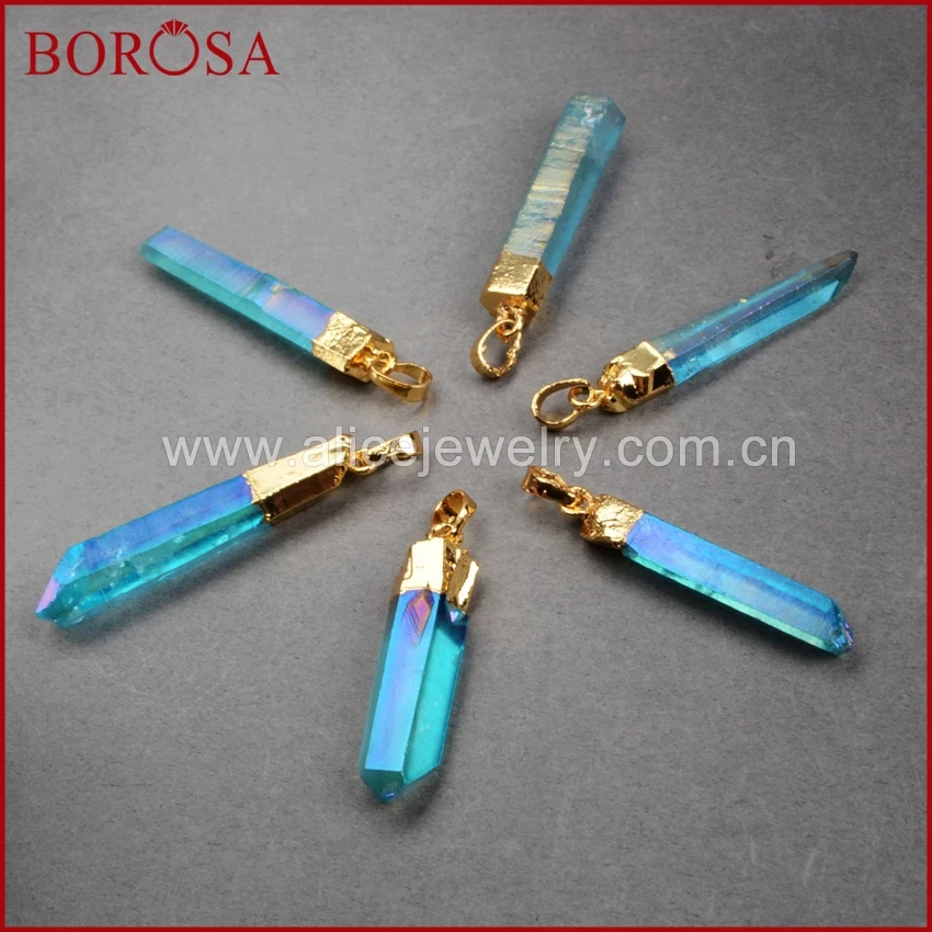 BOROSA 10 шт Druzy Кулон Золотой Цвет титановый кварцевый кристалл столб точка синий и AB