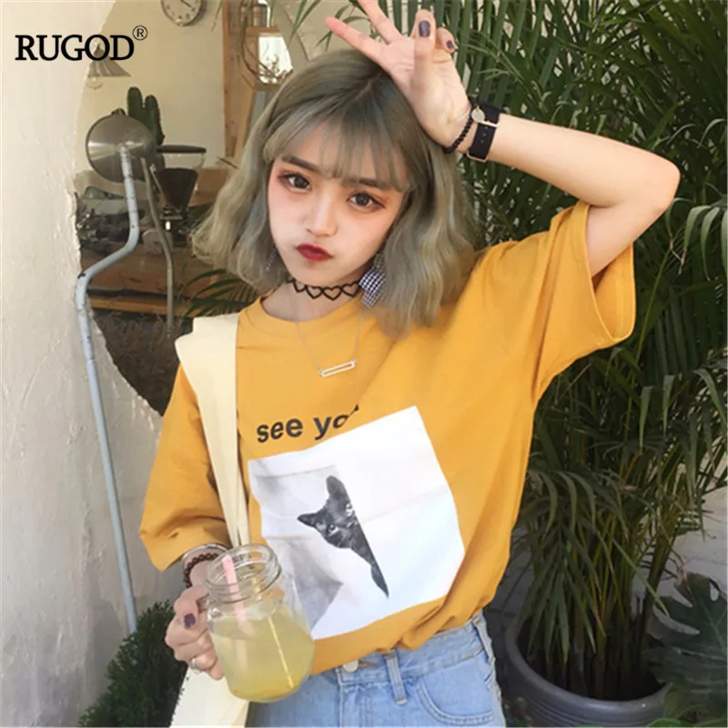 Золотой RUGOD Летняя женская футболка с круглым вырезом и буквенным принтом, с коротким рукавом, модная Корейская Повседневная Женская хлопковая футболка - Цвет: Золотой