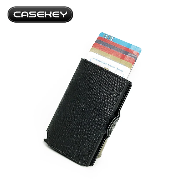 SBlack-Black Casekey коричневый винтажный кожаный алюминиевый кошелёк автоматический всплывающий металлический держатель для кредитных карт кошелек блокирующий RFID алюминиевый - Цвет: SBlack-Black
