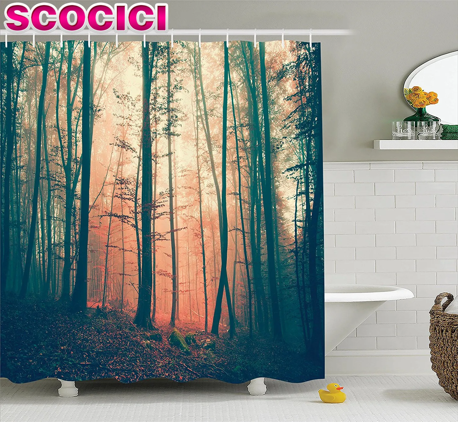 Mystic House Decor Shower Curtain Set Light and Vintage Color in Mysterious Autumn Forest Woodland Nature Picture Bathroom Acces