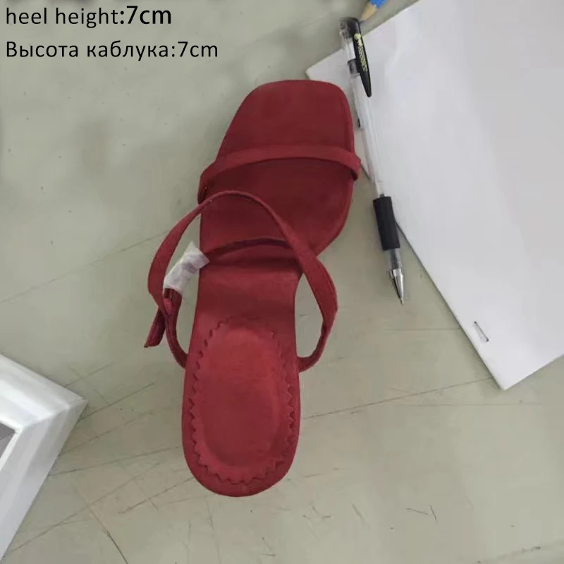 Red Wine 7cm Женские босоножки; Летняя обувь на высоком каблуке с открытым носком и ремешком на щиколотке; женская обувь для вечеринок; брендовые замшевые босоножки на толстом каблуке; женская пляжная обувь - Цвет: Red Wine 7cm