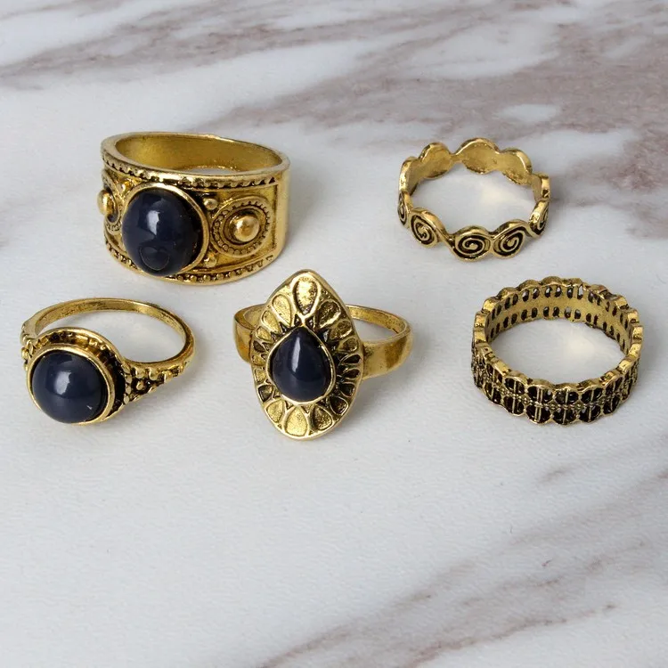 5 Pcs/set Bohemian Retro Crystal Flower Leaves Hollow Lotus Gem Gold/Silver Ring Set Women Wedding Anniversary Gift | Украшения и