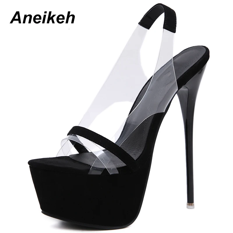 Aneikeh/ г. Новые Модные босоножки на платформе и высоком каблуке 16 см пикантные летние вечерние туфли-гладиаторы на тонком каблуке без шнуровки с открытым носком - Цвет: Black