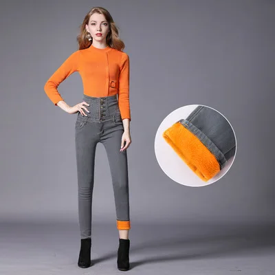 Зимние женские джинсы-карандаш, вельветовые, с высокой талией, Стрейчевые джинсы, сексуальные, на шнуровке, толстые, большие размеры 6xl, теплые женские облегающие джинсы, джинсовые штаны - Цвет: gray 2089-1