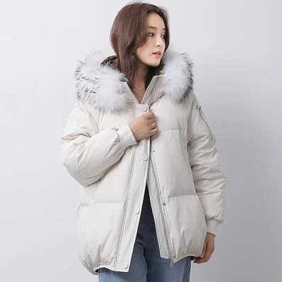 Milky white Женская зимняя куртка большого размера с большим меховым воротником из натурального енота, Женская парка с капюшоном, модные женские зимние пуховики - Цвет: Milky white