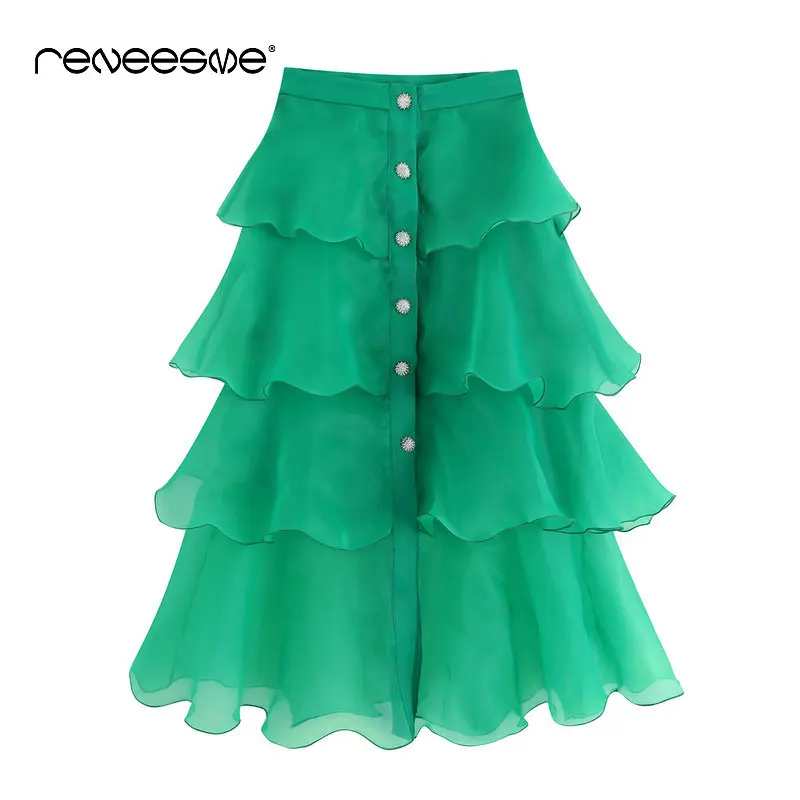 Модная женская летняя юбка новинка 2019 зеленые пуговицы оборки английский стиль