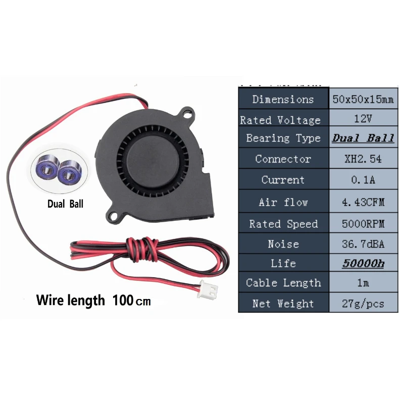 12V long wire Gdstime 2 шт. DC 24 в 12 В 5 в 5015 Вентилятор охлаждения Два Шарикоподшипника 50 мм x 15 мм 2Pin центробежный турбо охладитель 5 см 50x15 мм - Цвет лезвия: 12V long wire