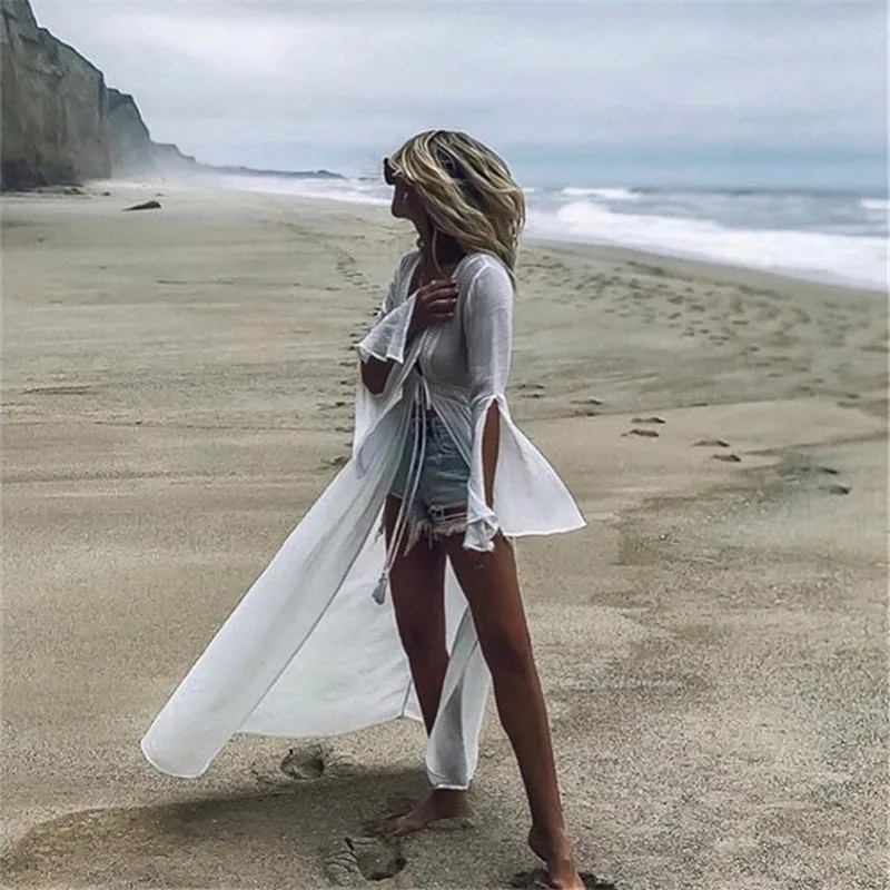 Накидка на юбку с длинным рукавом 2019 Пляжное Платье Одноцветный женский