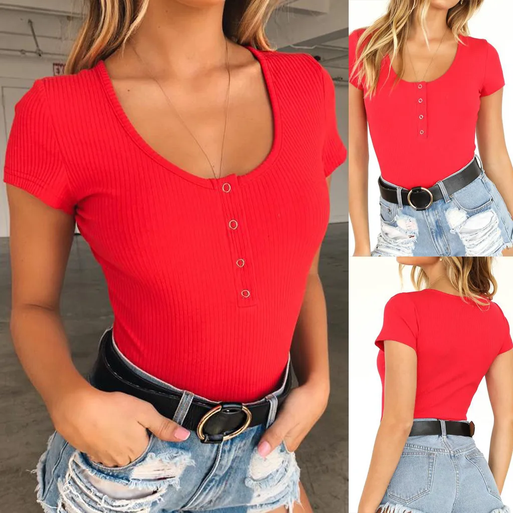 Womail Fashion сексуальное боди для Для женщин комбинезон, одноцветная, крыглый ворот, короткий рукав грудь пуговицами эластичные Повседневное комбинезоны Jun08