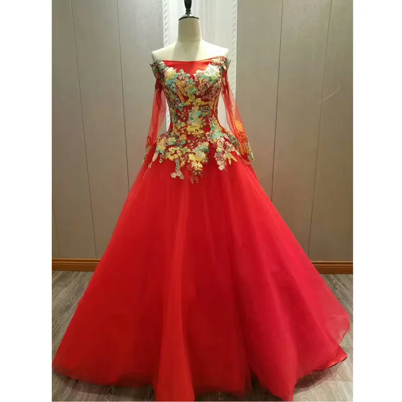 AOLANES 2017 Vestido De Noiva длинное красное вечернее платье с вышивкой и цветами расшитое