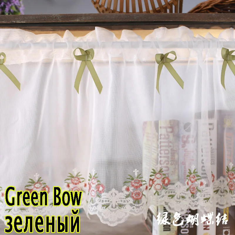 Green Bow Вышитая Тюль Короткая занавеска для кухни зеленый/розовый бант Короткая занавеска для маленьких окон пасторальный Стиль Белый Тюль QT038#30 - Цвет: Green Bow