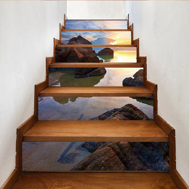 Морские камни пейзаж Art Наклейки для лестницы съемный 3D стены Стикеры Гостиная