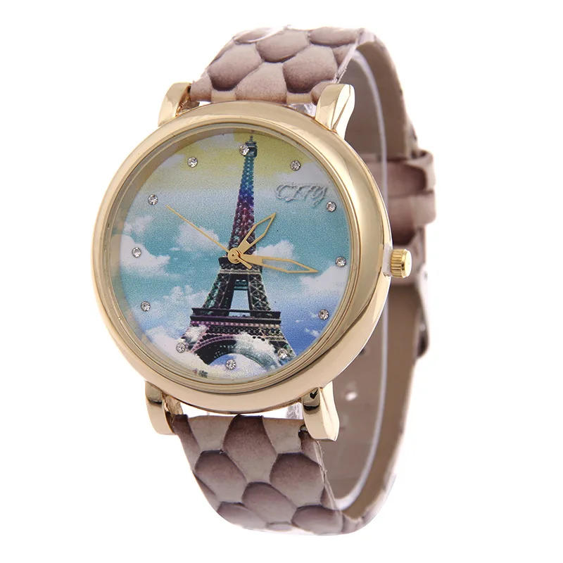 Модные 3D печать Эйфелева башня цветы Для женщин кварцевые наручные часы кожаный