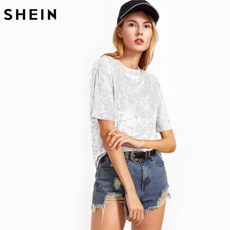 SHEIN, женские повседневные футболки, Лето, женские топы, белые, короткий рукав, измельченный бархат, футболка с круглым вырезом, женская футболка, Топ
