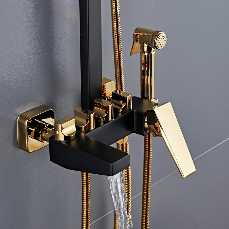Bathroom Luxury black Golden shower set message with shelf gold bathroom Shower faucet Bathtub Faucet Sets Обустройство дома