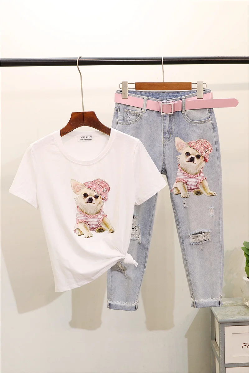 ALPHALMODA Милая женская футболка с блестками и принтом собаки стильные