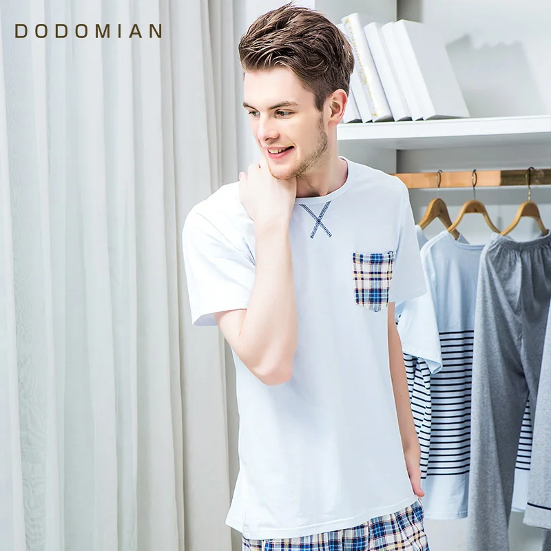 

2019 Tracksuit Men Plaid Cotton Homewear Costumes Casual Loose Home 2piece Pajama Sets Short t shirt+Short Plus Size L XL XXL