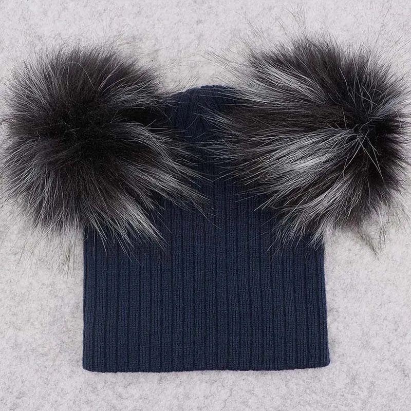 navy blue 2 GZHilovingL/модные вязаные шапочки для маленьких мальчиков и девочек с двойным меховым помпоном; зимние мягкие хлопковые Полосатые Шляпы; Кепка Skullies для детей - Цвет: navy blue 2