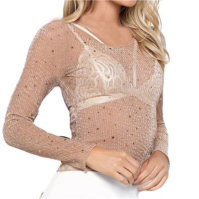 Золотой MIARHB модные женские туфли с длинным рукавом футболки Sexy Gold Star прозрачной сетки перспектива Свободные Топ уличные футболки пляжный топ A2 - Цвет: Золотой