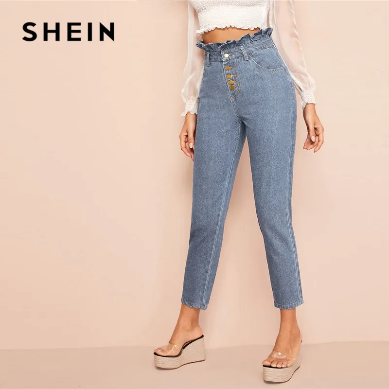 SHEIN светильник мыть пуговица со сборкой на талии обтягивающие джинсы женские сезон: весна–лето Повседневное Высокая Талия Джинсы синие джинсы женские брюки