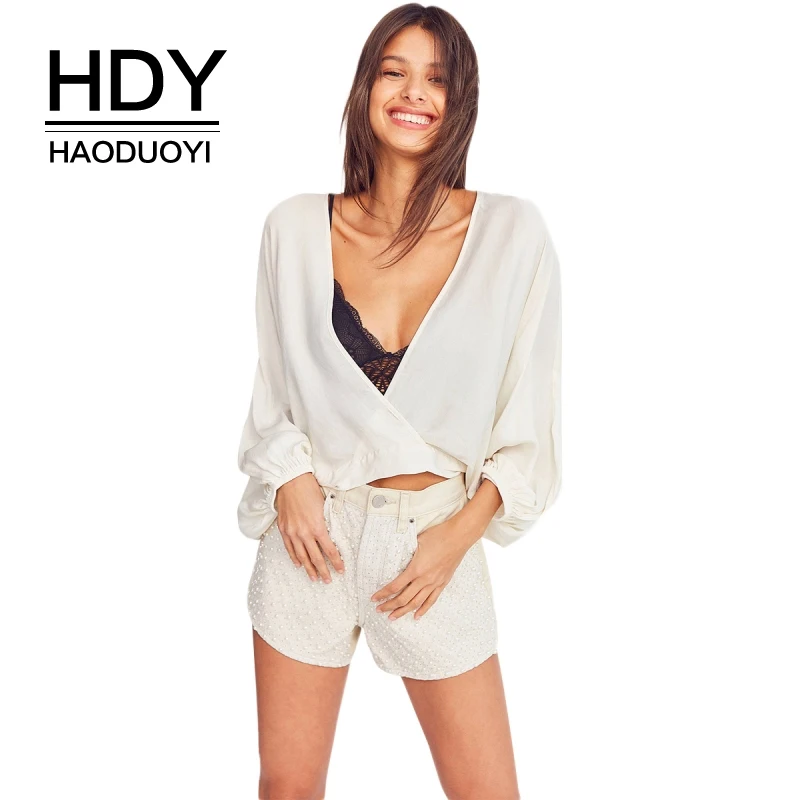 Женская блузка HDY Haoduoyi с глубоким вырезом и рукавами-фонариками | одежда