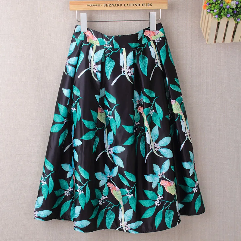 AKITSUMA Летом Случайные Юбки Женщины Элегантный Высокой Талией Midi Юбка Птица Печати