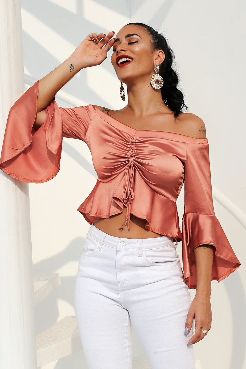 Glamaker Drawstring ruffle с открытыми плечами блузка рубашка женская сексуальное, рукав-фонарик вечерние обрезанный женский топ летняя уличная трубка топ