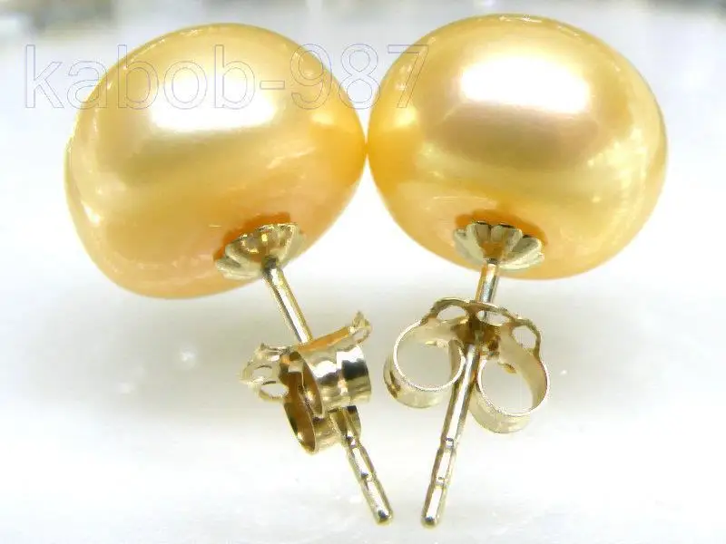 

FINE perfect bread AAA+ 10.5mm yellow akoya pearl earring solid 14K/20 yellow gold