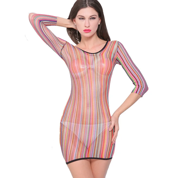 2017 Stripe Rainbow Color Babydoll Women Hot Sexy Fishnet Mesh Nightdress See-through Flexible Lingerie Long Sleeve Sleepwear | Женская