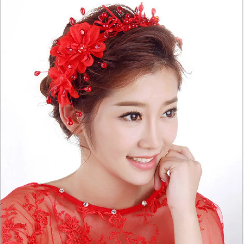 E 26x11cm Red Flower Великолепная красная повязка на голову в виде короны с цветами Тиара Свадебный золотой цвет головные уборы повязка для волос гребни невесты вечерние женские украшения для волос клипсы - Окраска металла: E 26x11cm Red Flower