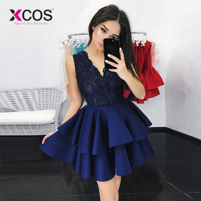 XCOS шикарные кружевные атласные платья с v-образным вырезом и оборками 8 класс выпускные платья vestidos de graduacion короткое платье для выпускного вечера платья для выпускного вечера