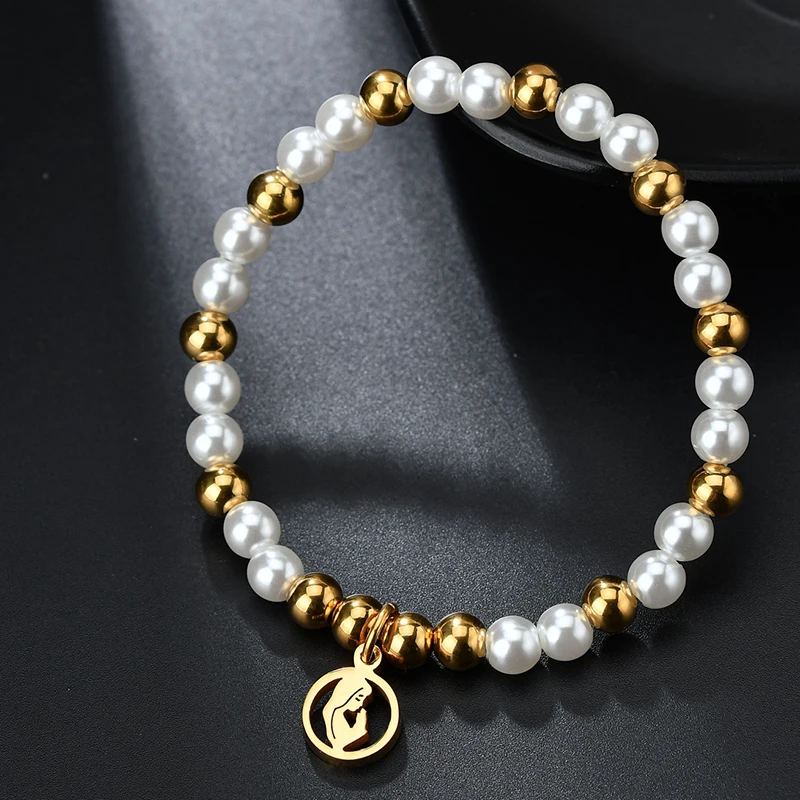 MENSAZONE Christian Gold Color Bracelet Religious Jewelry For Women Girls Beads Pearl Bracelets Gift Prayer | Украшения и