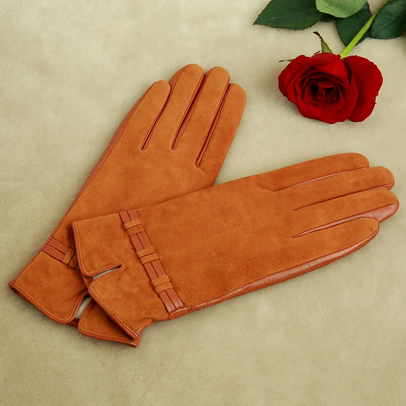 leather brown KLSS Брендовые женские перчатки из натуральной кожи, высокое качество, козья кожа, замшевые перчатки, зимние Бархатные элегантные женские перчатки из овчины W96 - Цвет: leather brown